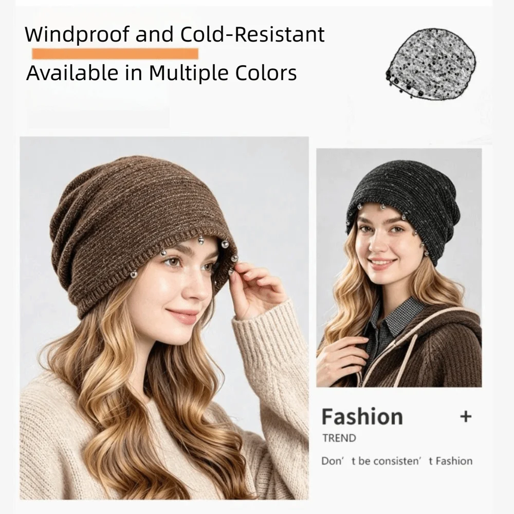 Soft Slouchy Beanie Hat Thickened Metal Pendant Detail Knitted Slouchy Hat Hand-Beaded Design Ribbed Cuff Casual Winter Hat