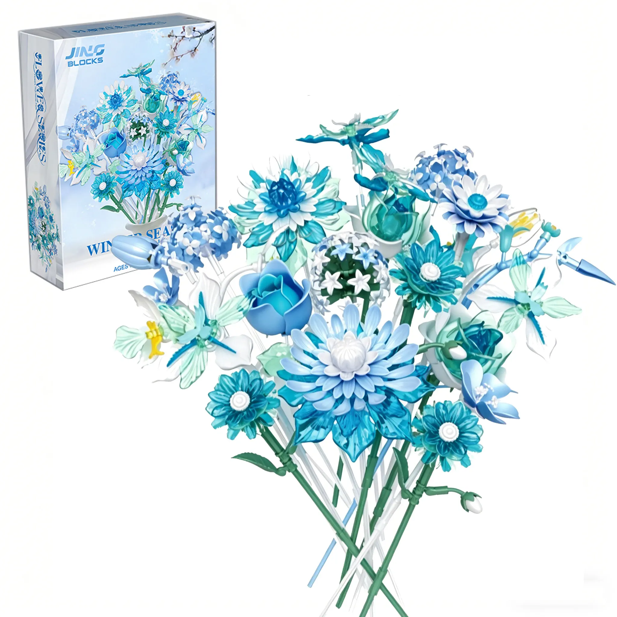 

711PCS Winter Blue Ice Crystal Flower Building Blocks Bouquet DIY Botanical Collection Toy Home Decor Gift for Adults and Teens