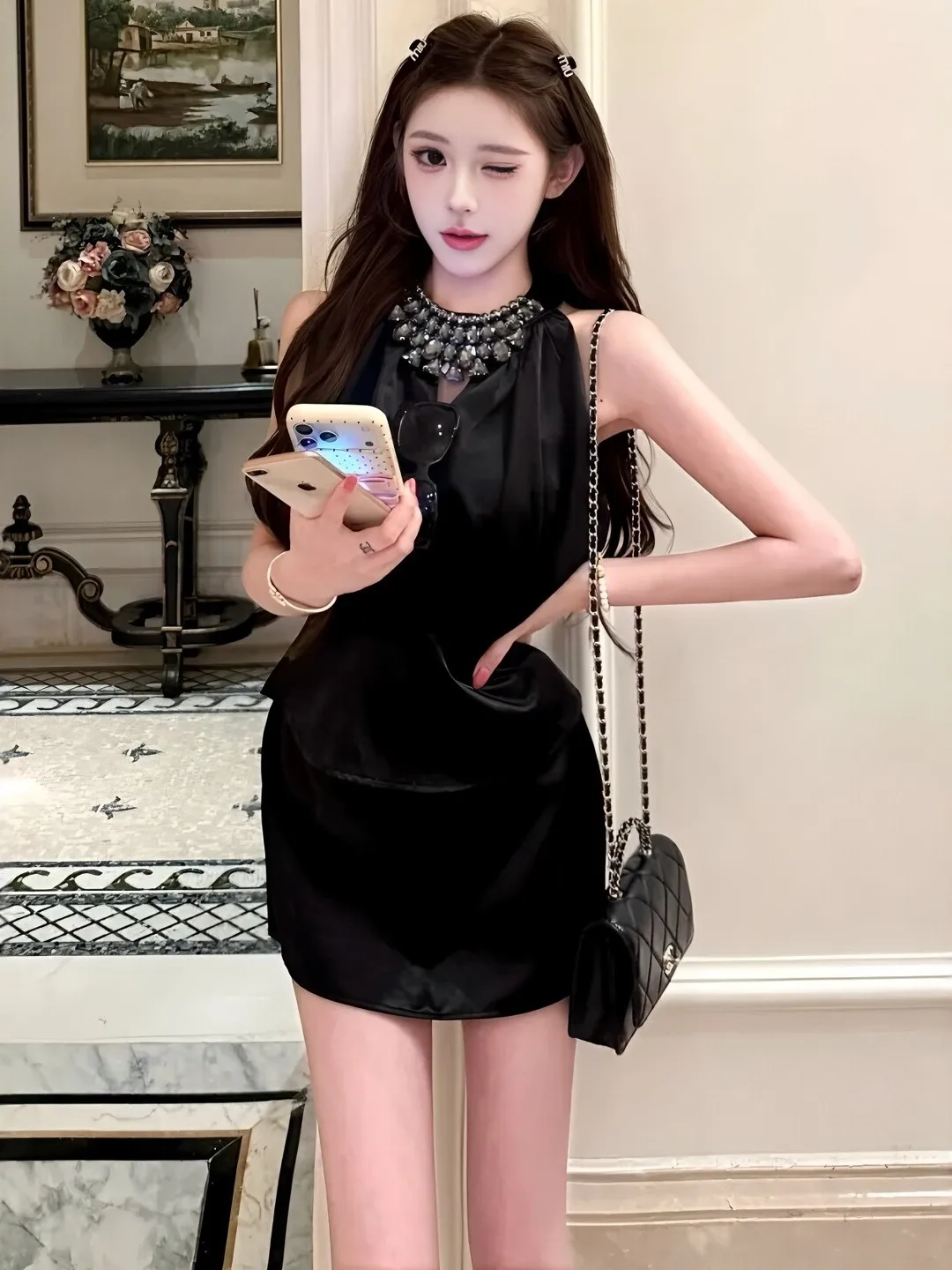 

Black Diamond Embedded Choker Vest Women's Slim Fit Short Skirt Set Summer Fashion Style Breathable Casual Wear