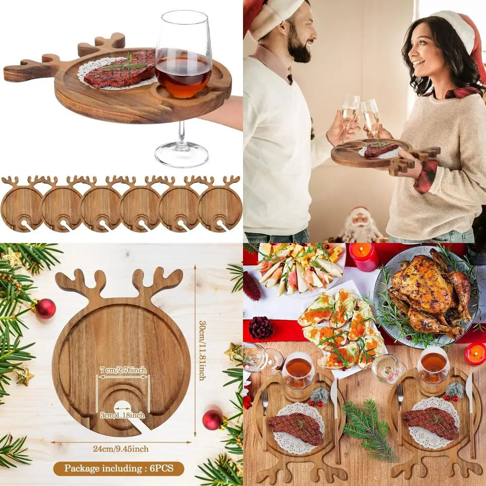 

12-Inch Acacia Wood Christmas Charcuterie Boards with Deer Antler Wine Holder - 6-Piece Serving Platters for Holiday Kitchen Gif
