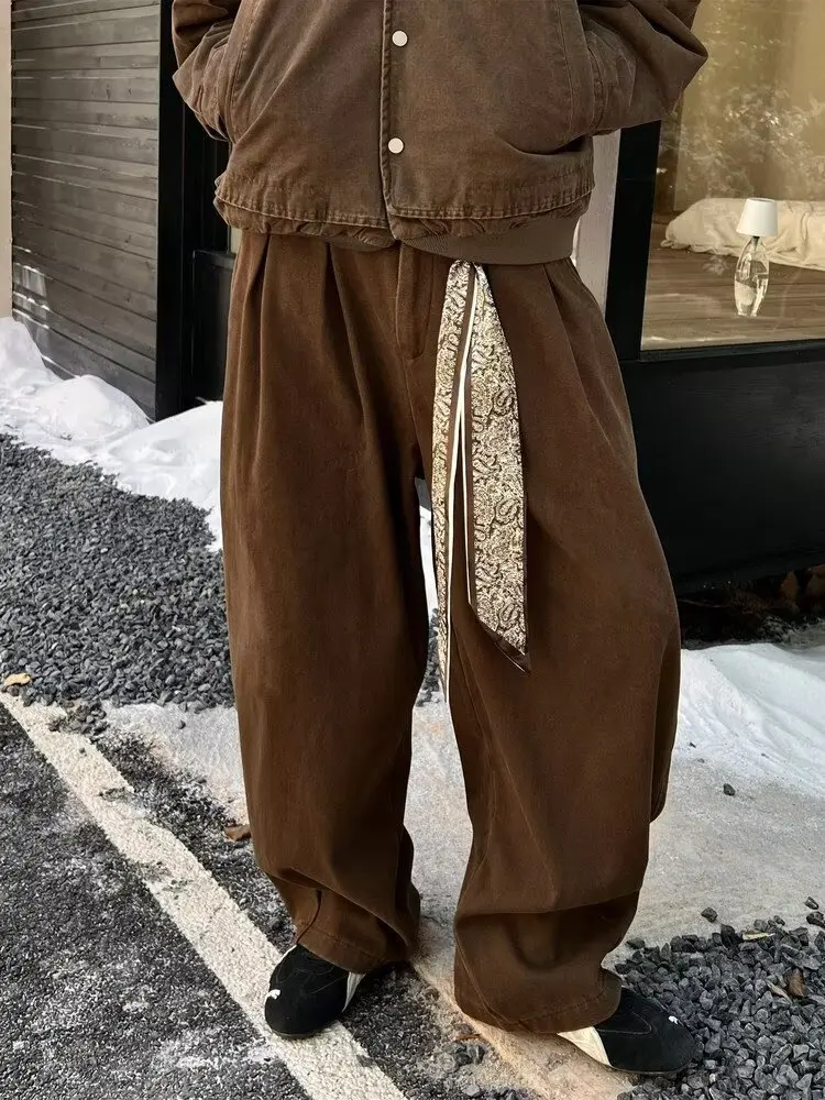 

Retro Japanese Sle Detachable Scarf Wide Leg Casual Pants ex New Pure Cotton Brown Versatile Loose Workwear Long Trousers