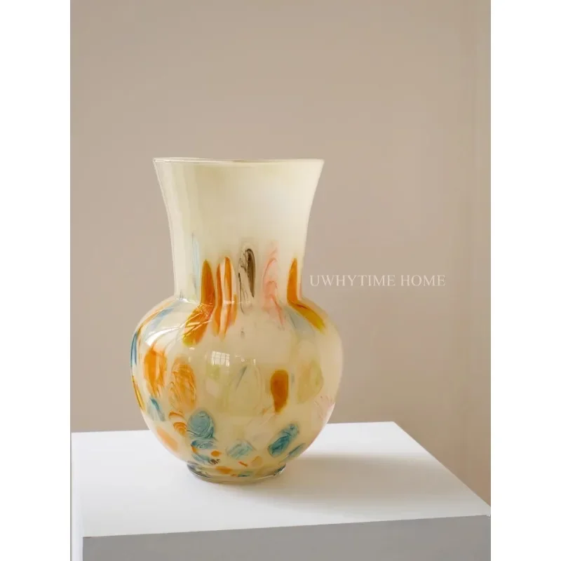 

Premium color dot milk yellow handmade antique glazed glass vase flower arrangement ornament
