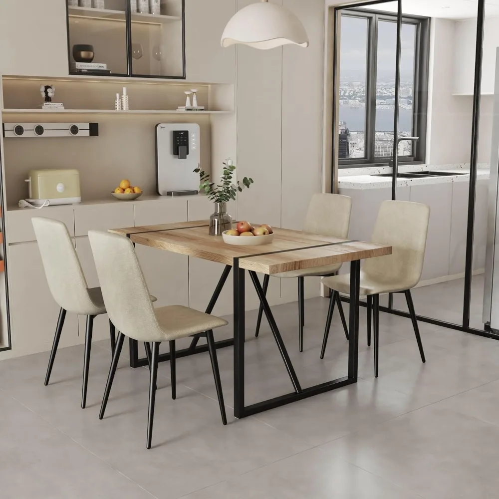 5-Piece Dining Table Set | Beige Wooden Kitchen Table with 4 Upholstered Chairs and Fabric Cushions Space-Saving and Moder