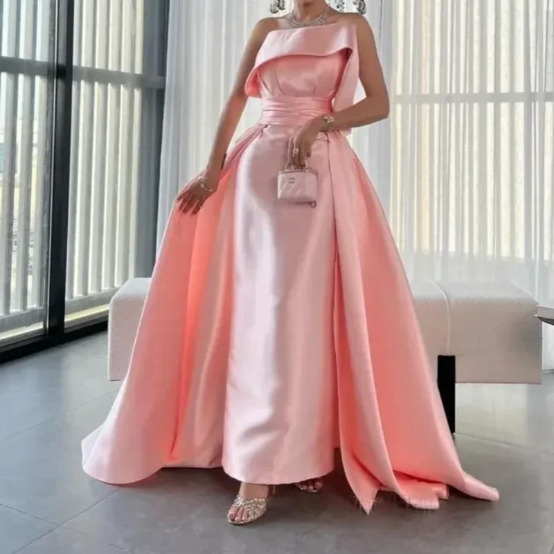 Blossom Ladies Satin Exquisite Pleated Evening Gown Line Neck Strapless Sleeveless Dress Ankle-Length Ball Gown