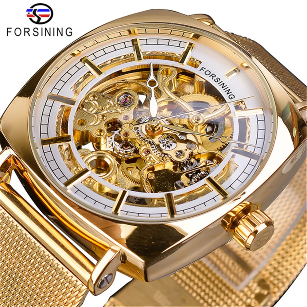 Forsining 242G Fashion Luxury Band Automatic Mechanical Watch For Men Square Skeleton Analog Mesh Steel Clock Relojes Hombre