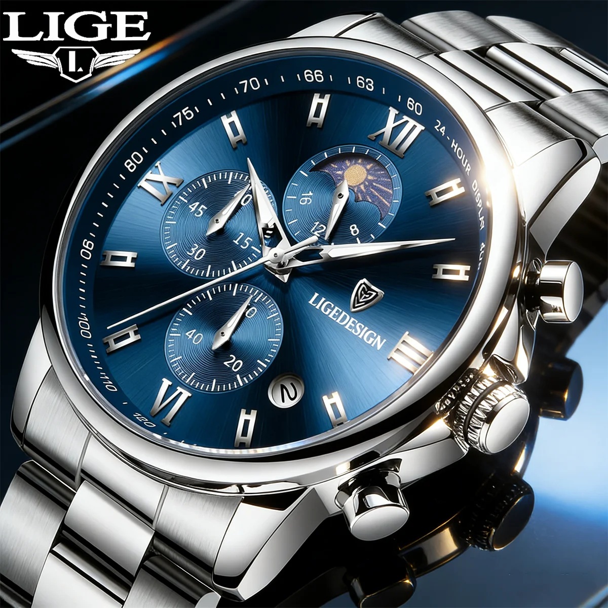 

LIGE Luxury Watch Fashion Business Stainless Steel Calendar Quartz Watch Moon Phase Luminous Watches for Men Relogio Masculino
