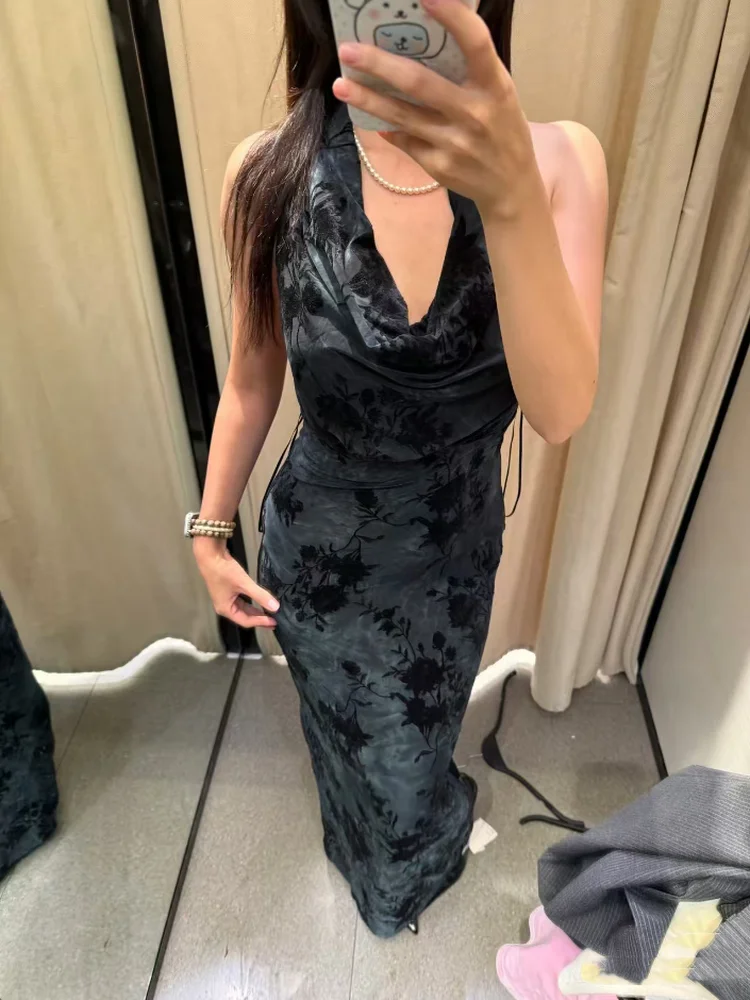 Vestido Retro de Veludo Longo Sem Mangas com Decote Pendu, Novo Estilo de Moda Fena Outono 2025, Vestido com Cintura ...