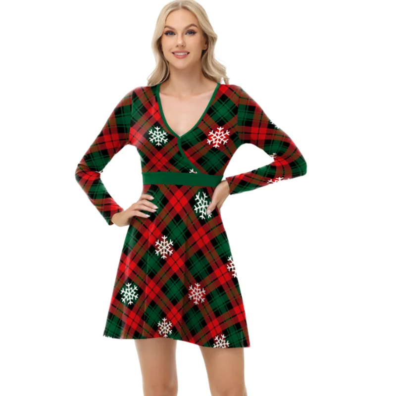 Robe sexy à manches longues pour femmes, mode européenne et américaine, jupe de Noël, impression numérique, col en V, automne, nouveau