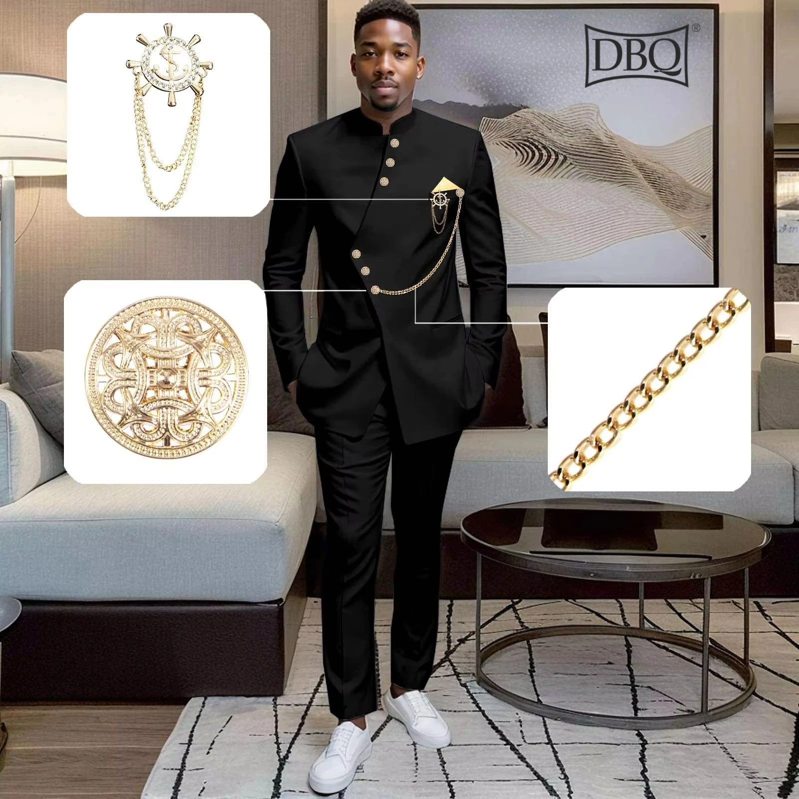 DBQ Men's Slim Fit 2 Piece Suit, Gold Button Chain Kerchief Brooch Solid Jacket Pants Set African Clothes