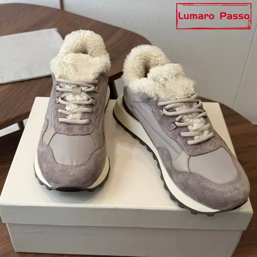 Women Winter Sneakers Round Toe Lace Up Thick Sole Genuine Leather Cow Suede Warm Fleece Lined Retro Casual Sports Shoes Daily