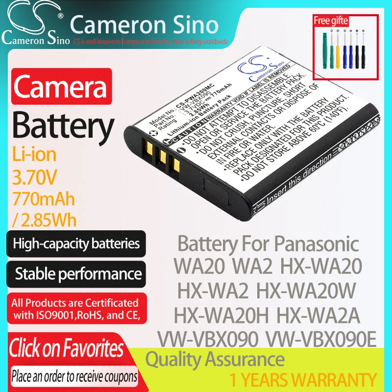 CameronSino Battery for Panasonic WA20 WA2 HX-WA20 HX-WA2 HX-WA20H WA20W fits Panasonic VW-VBX090 Digital camera Batteries 3.70V