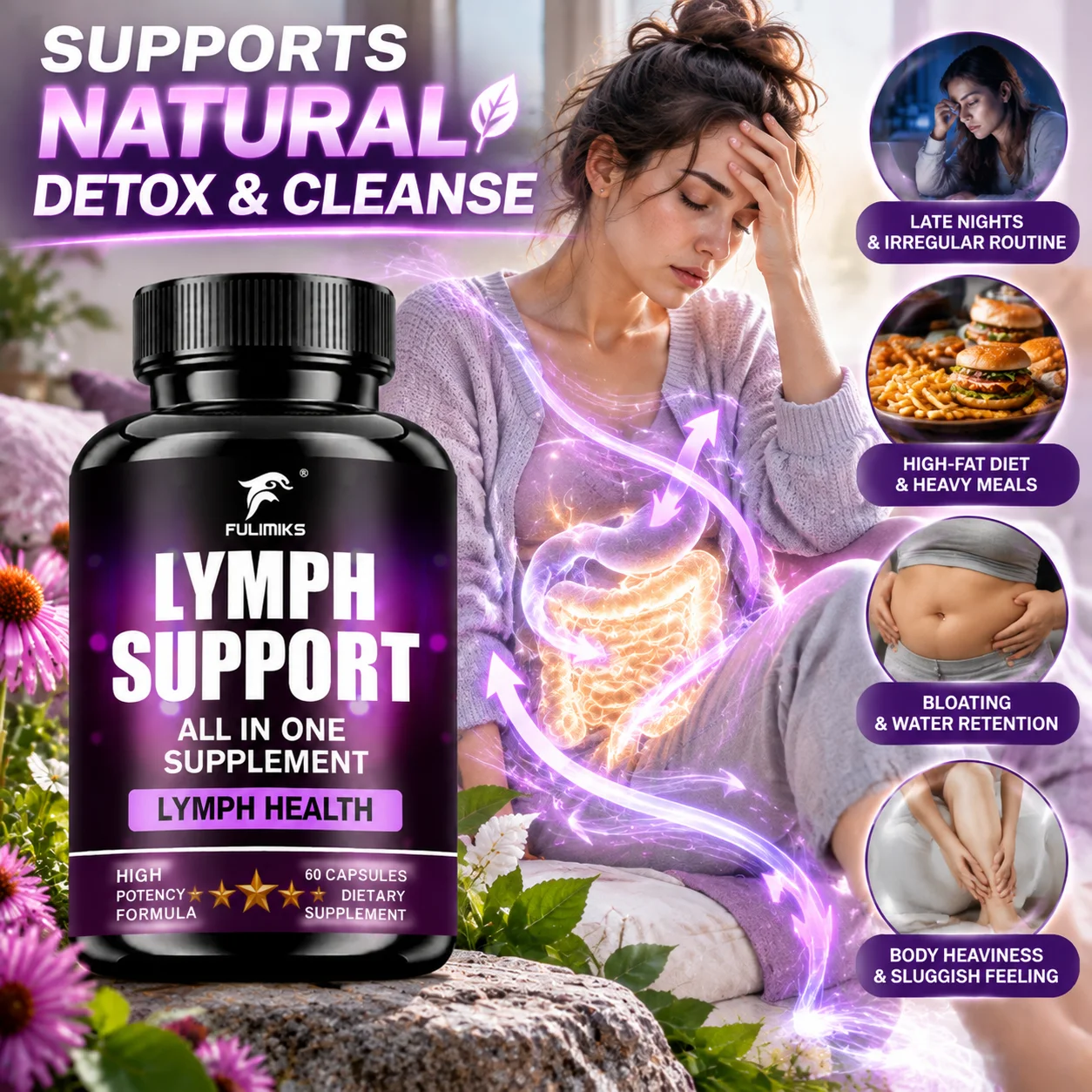 Lymph Support Capsules, Natural Detox & Cleanse, Relieve Bloating & Water Retention, Reduce Body Heaviness & Sluggish Feeling