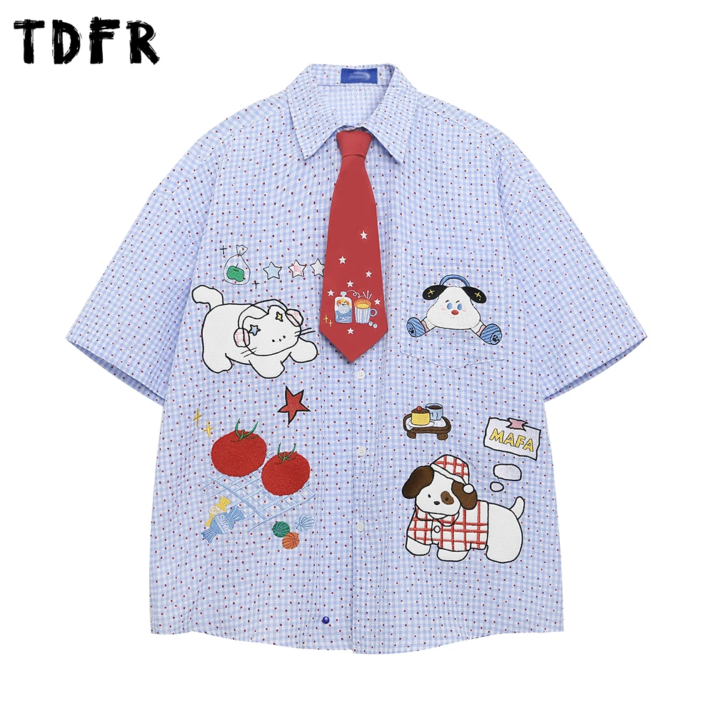 

Мужские рубашки с коротким рукавом в клетку с мультяшной вышивкой, летние повседневные свободные рубашки с полной расцветкой в стиле ретро, на одной пуговице, с рукавом до локтя