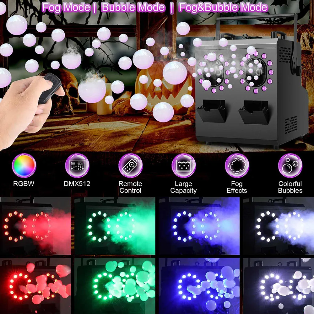 1500W Fog Bubble Machine Remote with 24LEDs RGBW Smoke Machine DJ Stage Equipment for Halloween Birthday Parties Wedding Club