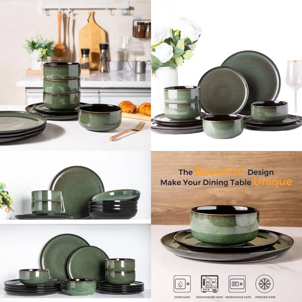 

Handcrafted Porcelain Dinnerware Set for 4, Reactive Glaze, Chip Resistant, Oven & Dishwasher Safe