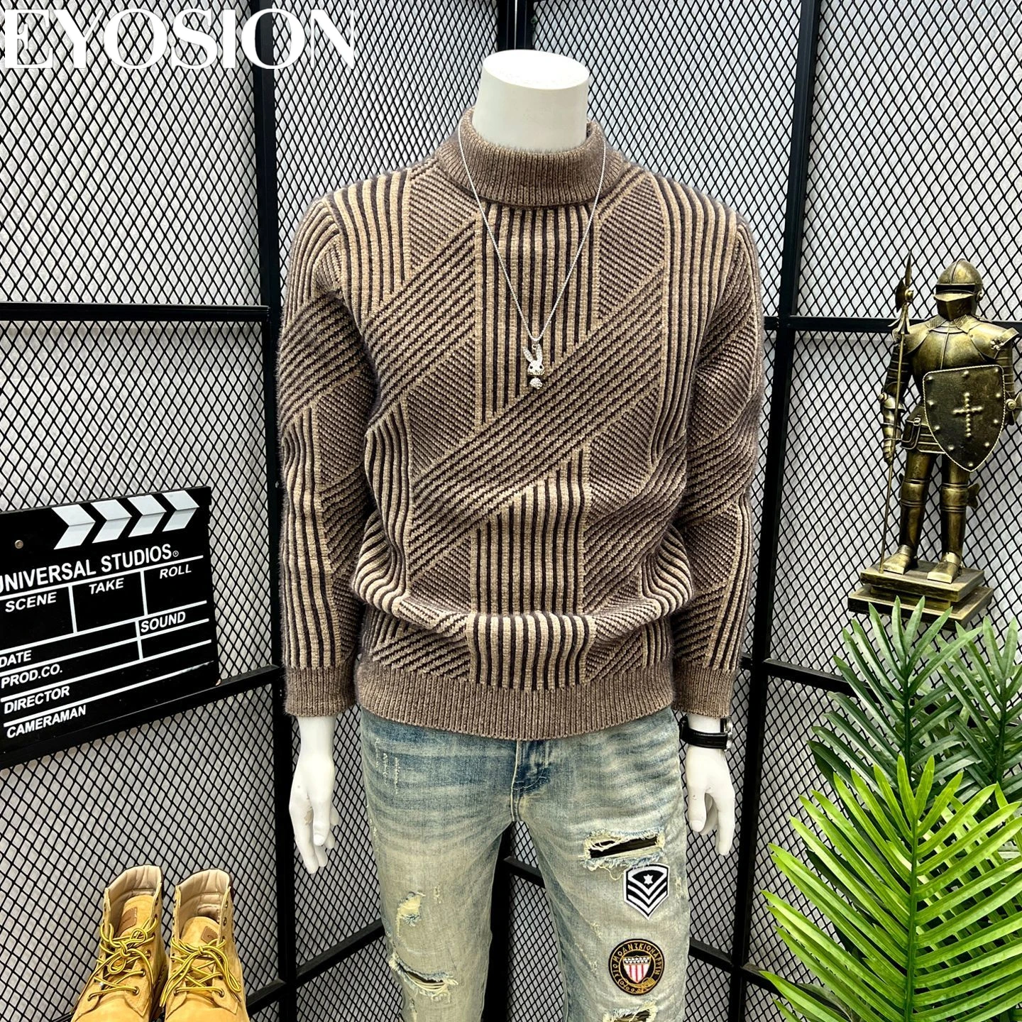 

Мужской осенне-зимний свитер из синели с воротником, утолщенный термовязаный пуловер с геометрическим рисунком, теплый топ высокого качества