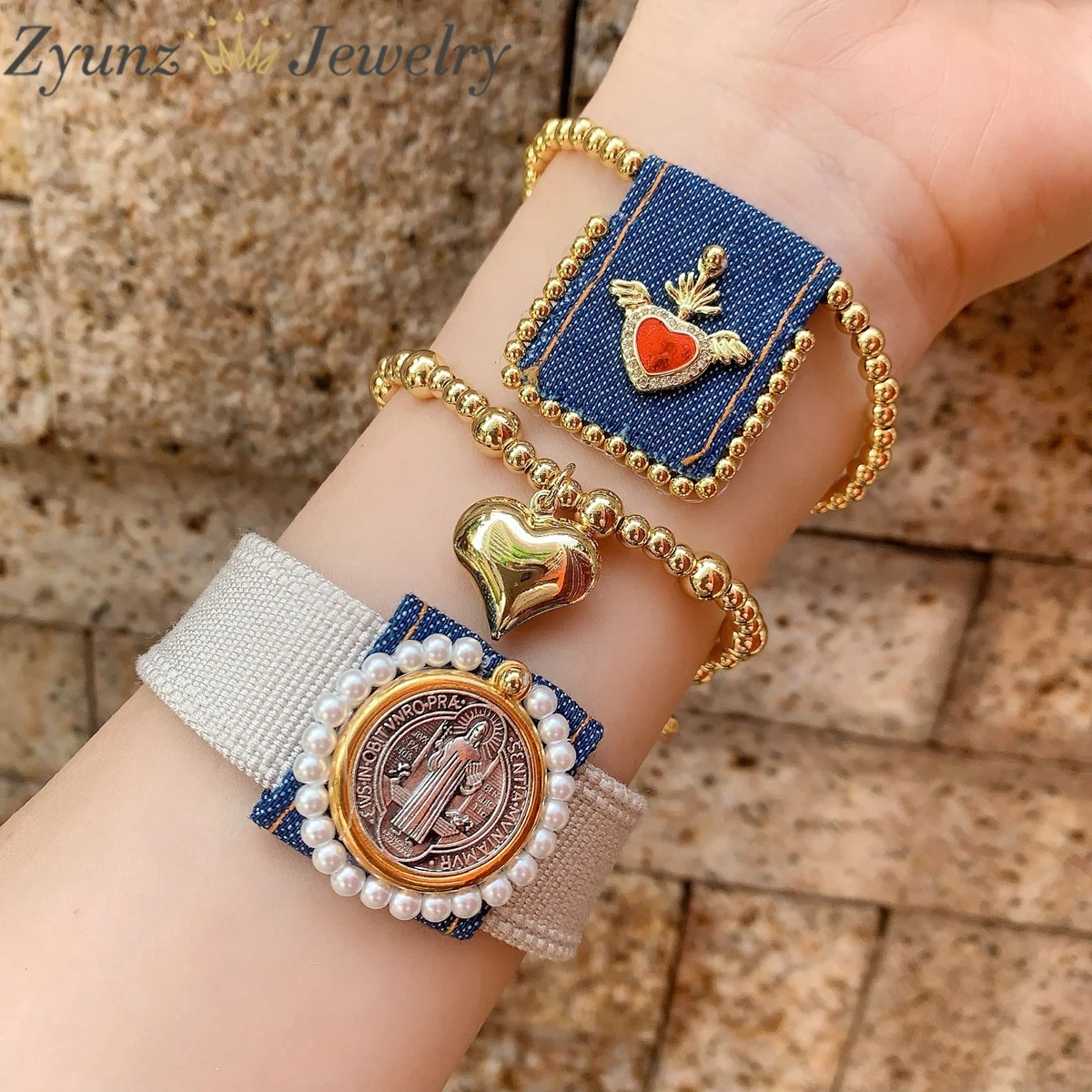 5PCS, Handmade Religion Christian Medal charms Weave Bracelet 18K Gold Plated Heart Beads Bracelet Women Jewelry