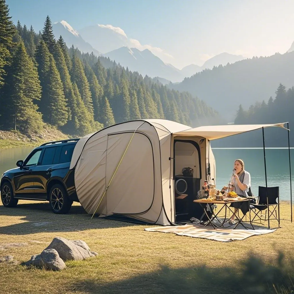 

Семейная выдвижная палатка на заднюю дверь автомобиля на 4 человека, с 2 дверцами, сетчатым окном и расширенной балкой