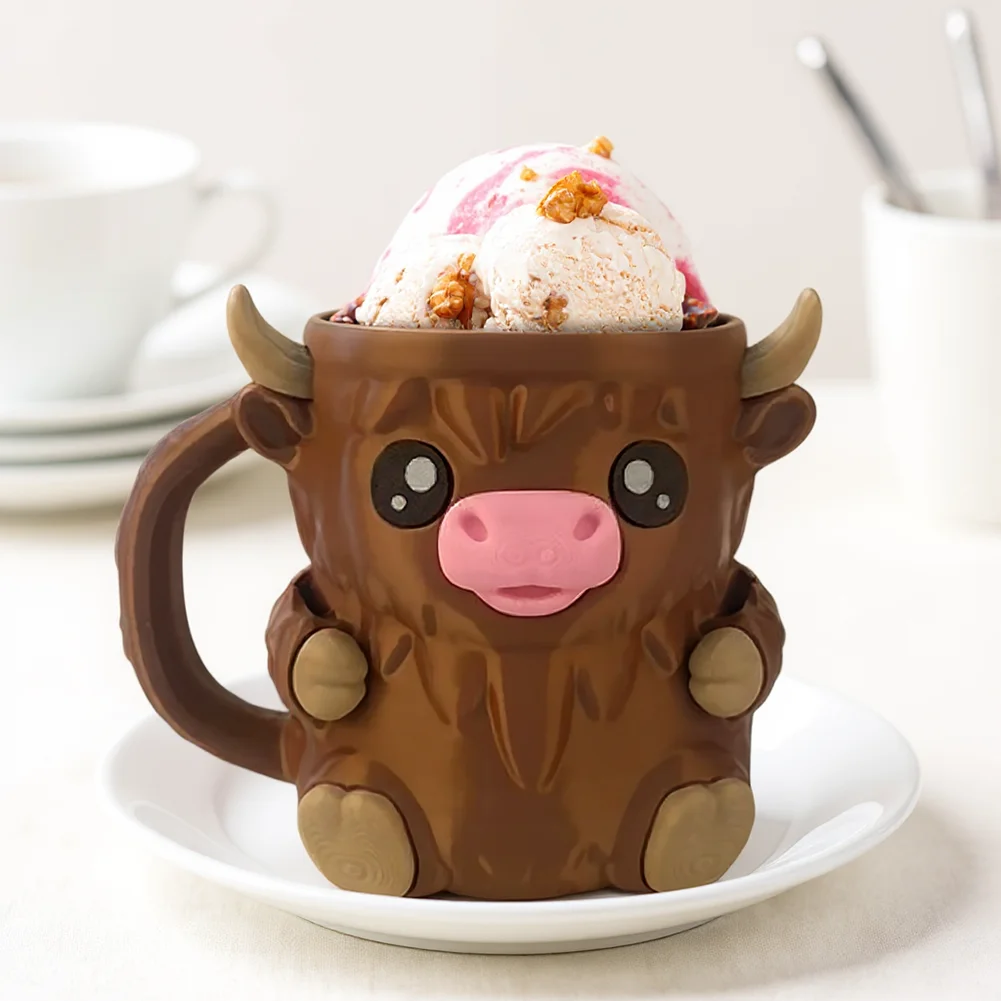 Soporte para conos de hielo de vaca de las tierras altas, crema 3D con mango anticongelante, cajón para aperitivos, recipientes para paletas de helado, taza para postre ﻿