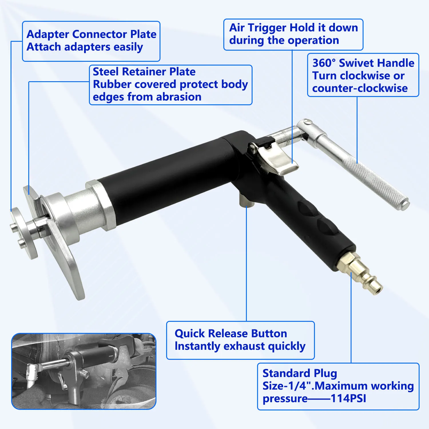 Air Powered Brake Piston Wind Back Tool, Pneumatic Brake Caliper Piston Compressor Tool, Brake Pump Adjusting Tool.