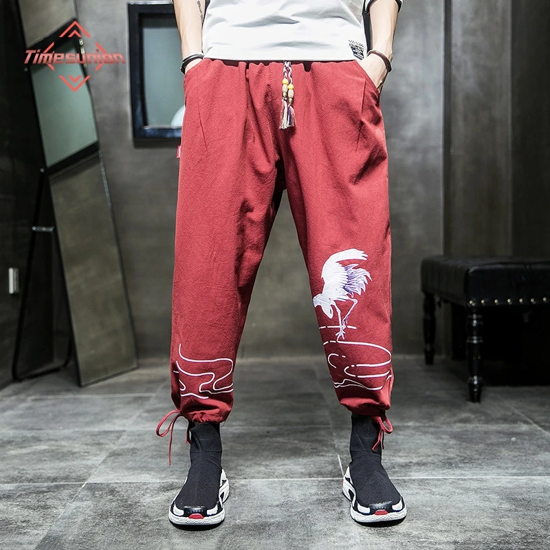 

Весенние свободные брюки с японским принтом журавлей, джоггеры на шнурке, хлопково-льняные брюки для мужчин, удобные укороченные брюки с эластичным поясом
