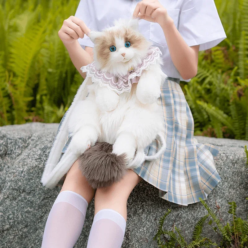 Ragdoll-mochila de muñeco de gato para niñas, bolso de mensajero de hombro de juguete de peluche de Animal simulado hecho a mano, escena Buou, regalo