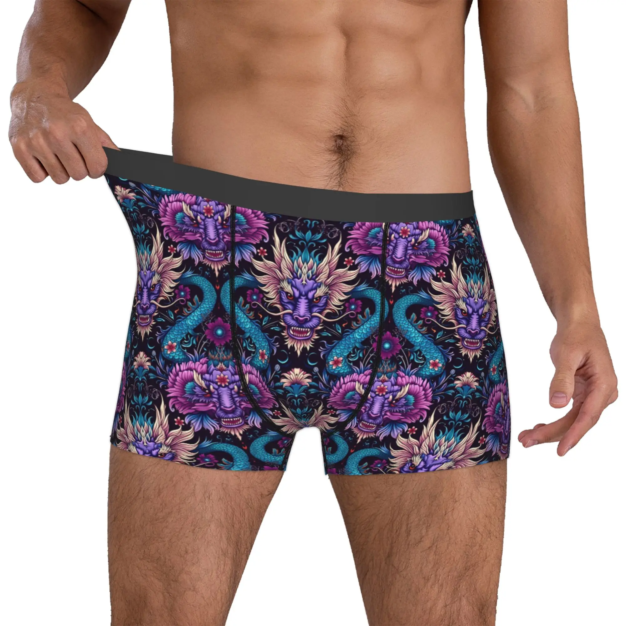 Dragon Dreams  Boxer Shorts For Men 3D Printed Teal And Purple Underwear Panties Briefs Stretch Underpants