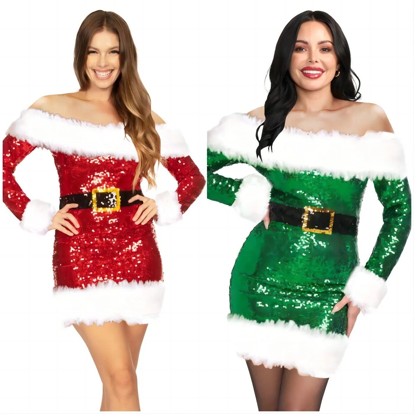 Christmas Sequin Dress for Women Off Shoulder Santa Costume Long Sleeve Mini Party Dress Red Green Cosplay Outfit with Belt
