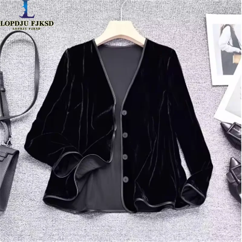 

New Spring And Autumn 2025 Casual Loose Gold Velvet Bordered Simple And Versatile Cardigan Coat Women's Wear
