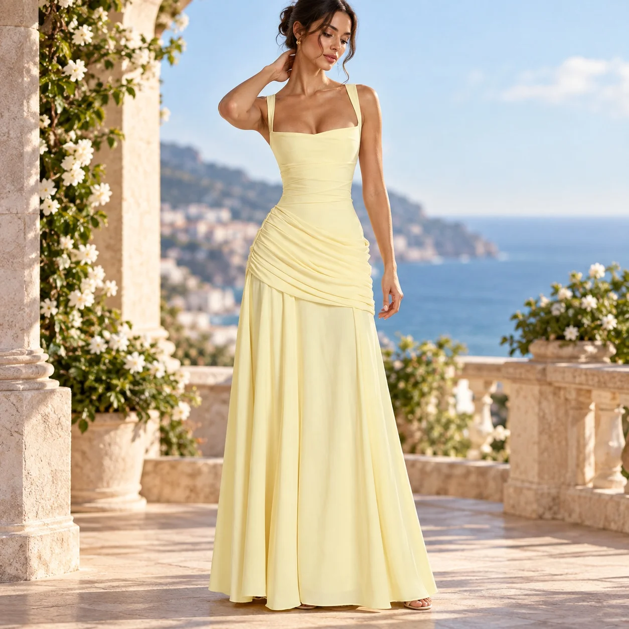 Single V Neck Gown Loose Fit Streetwear with High Waist Dress Summer Three Quarter Sleeve Regular Sleeve Strap Dress for Women