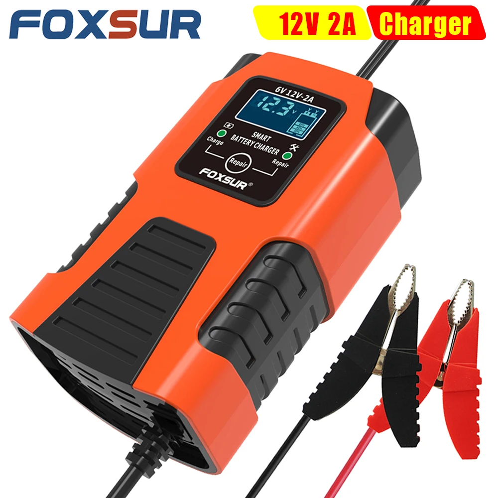 FOXSUR Car Battery Charger 12V Fully Automatic Smart Motorcycle Trucks RVs SUV Yach AGM SLA WET GEL VRLA Lead Acid LCD Display