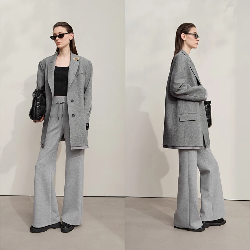 AMII سترة نسائية 2025 خريف جديد فضفاض متوسط وطويل الصلبة المرأة السترة تنوعا طويلة الأكمام السترة السيدات 12553050