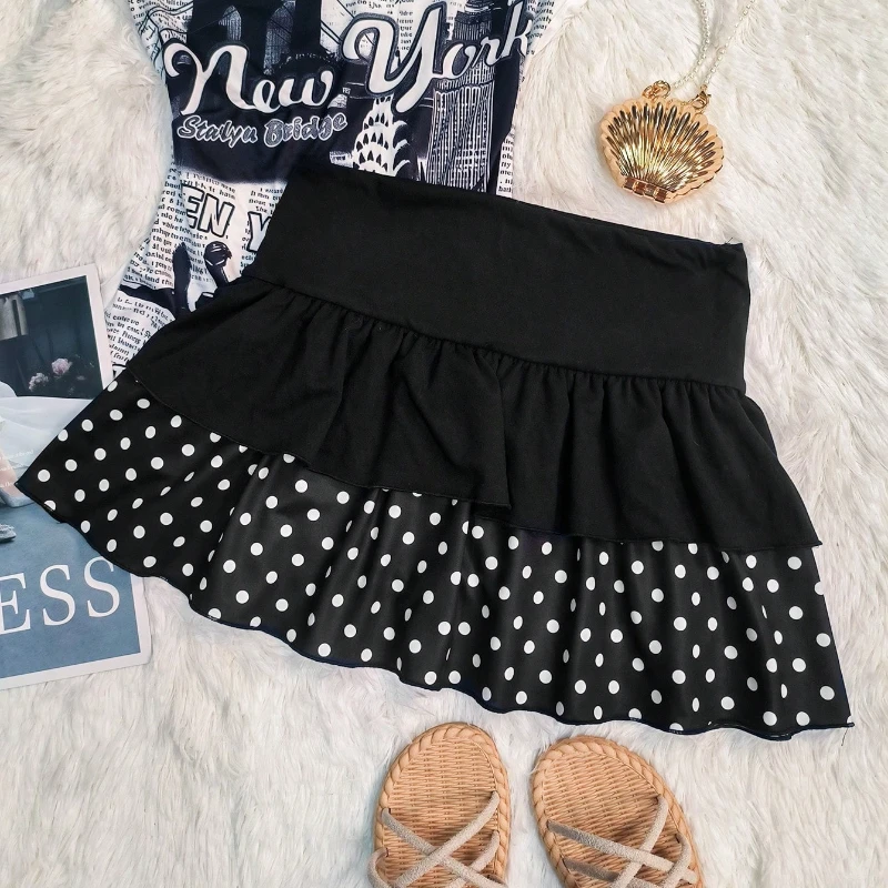 Y2k Polka Dot Design Piano Skirt Women Harajuku High Waist Ruffle Bow Trim Casual Skirt Female Party Music Festival Outfits New