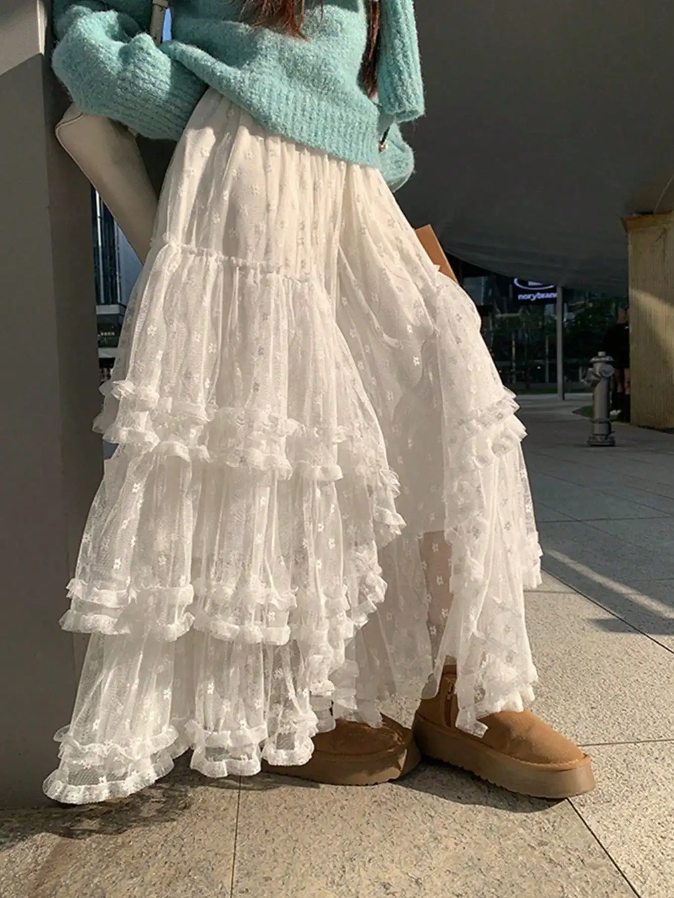 

Юбка из тюля с цветочным кружевом и многоярусными оборками для полных женщин, в стиле милой принцессы, для весны и лета