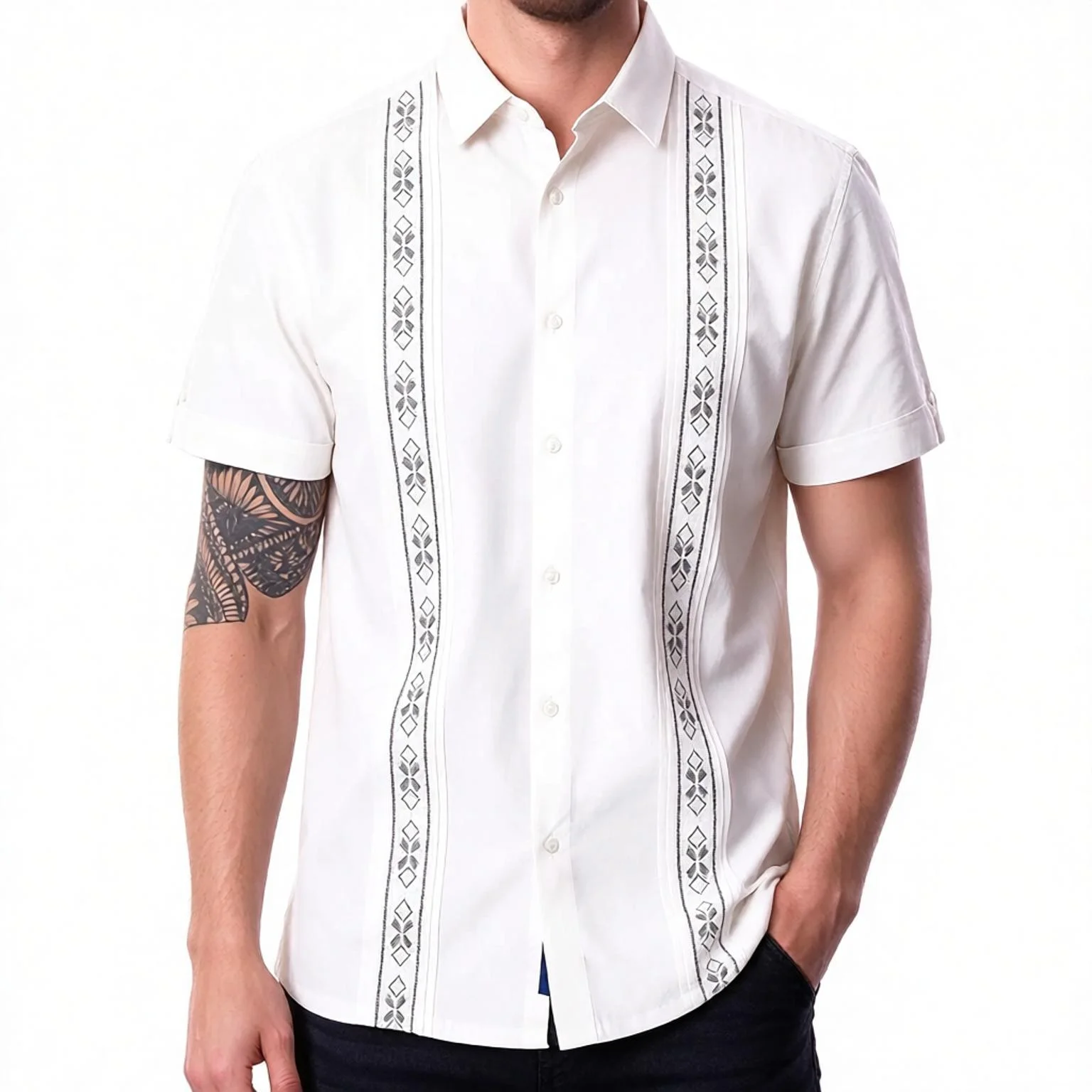 Men's White Shirt Embroidered Loose Fit Lightweight Long Sleeve Button Down Casual Work Shirt for Daily Wear Long Sleeved Shirts