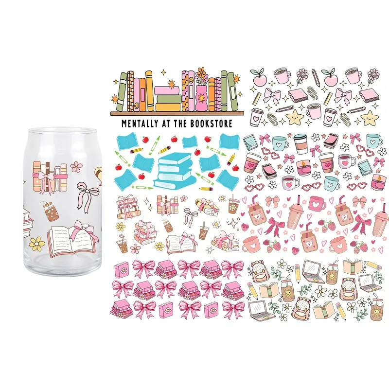 Books 3D UV DTF Sticker Durable Waterproof Bowknot Drink Transfer Sticker HIgh Quality 16 OZ Libbey Glass Wraps Cup Decals