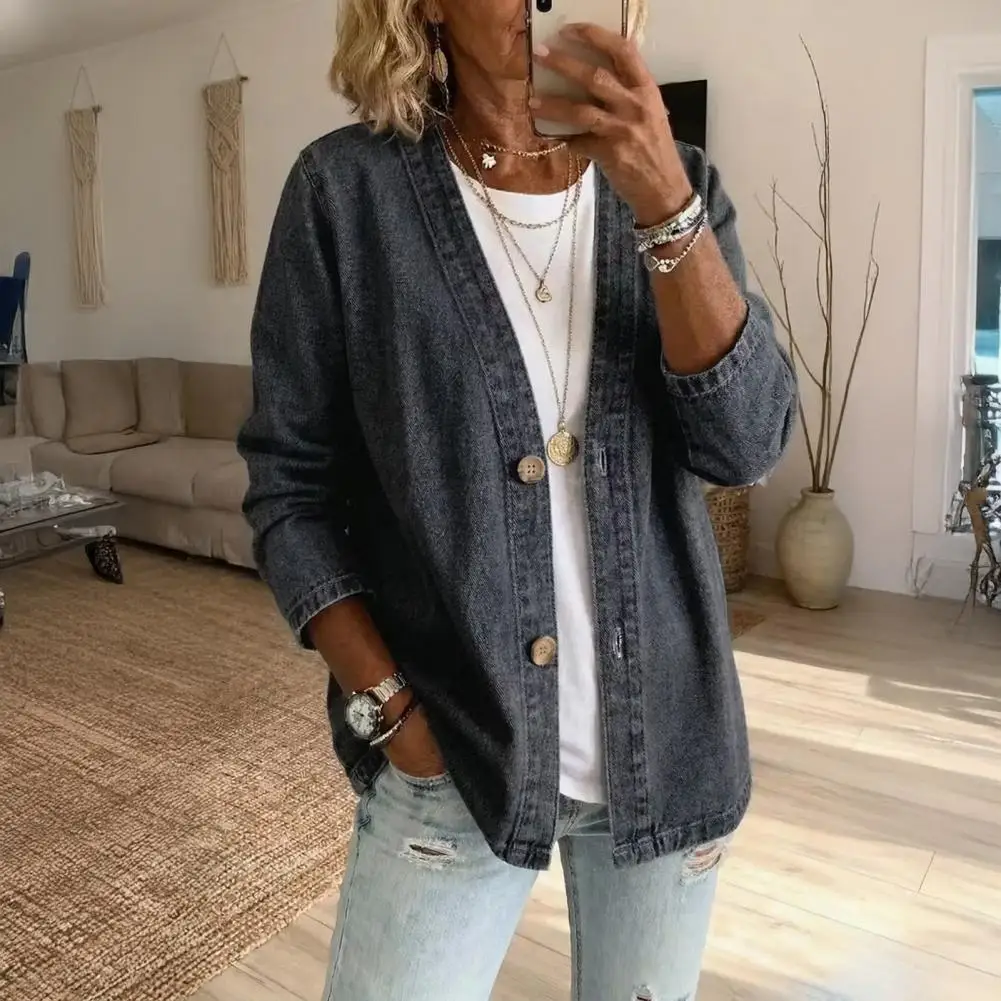 Lightweight Casual Coat Loose Fit Women Coat Women's Faux Denim Jacket Vintage Button Front Casual Coat Loose Fit Long Sleeve