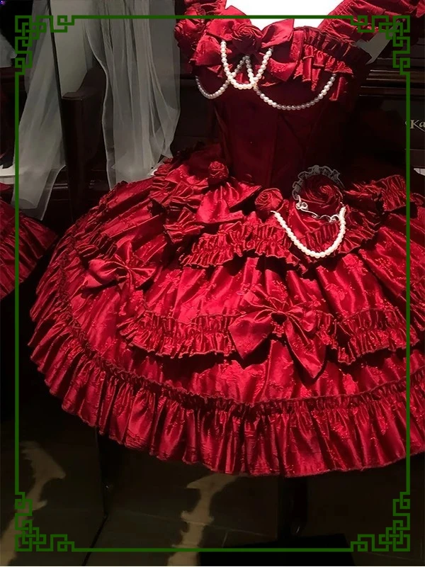 

Red Gothic Rose Lolita High Waist Bow Jsk Dress Elegant Slimming Sweet Wind Cute Flying Sleeves Party Princess Dresses