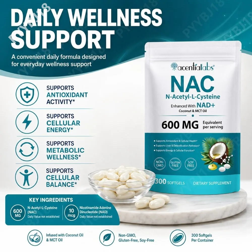 NAC N-Acetyl-L-Cysteine 600mg Softgels support liver detox & metabolism, antioxidant, Activity  with NAD+ Coconut MCT Oil 300 Ct