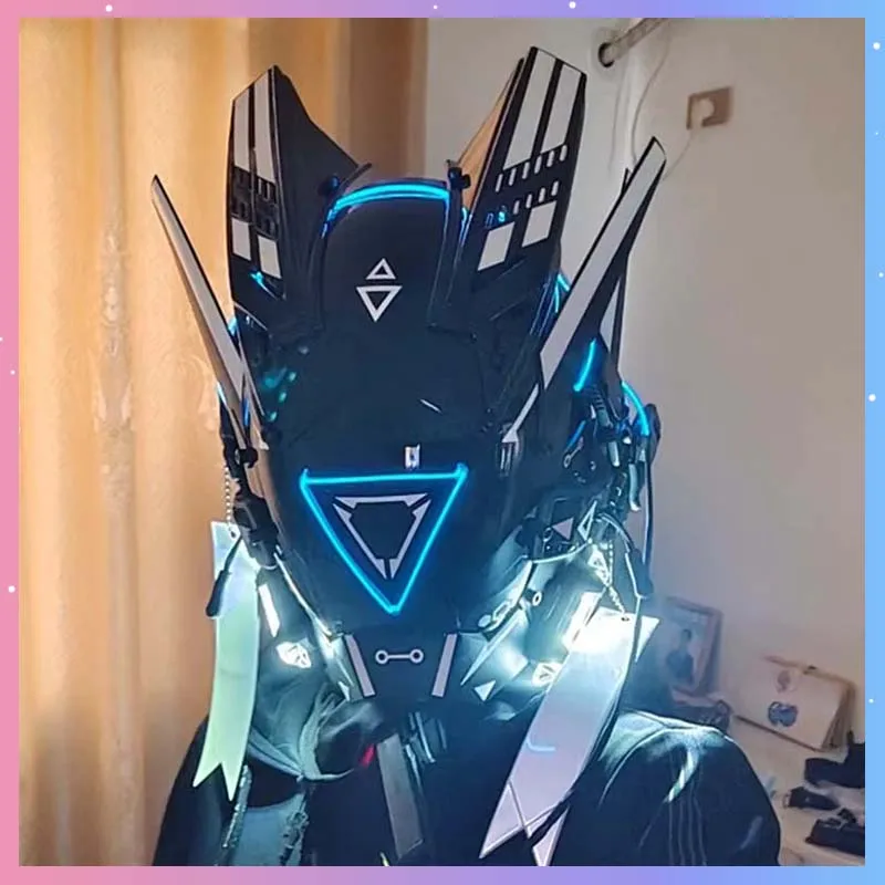 Cyber Punk Mask Halloween Mech Mask Cosplay Costumes Mech Warrior Mask Soldier Helmet With Triangle Light Carnival Party Props
