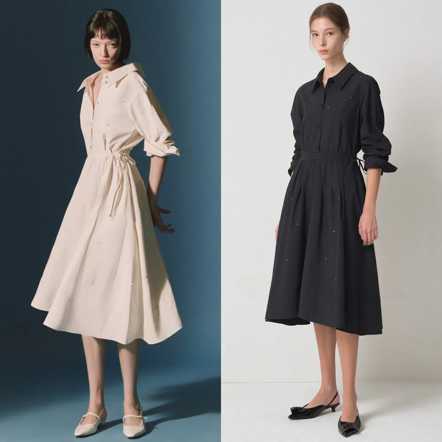 Korean Style Pearl Long Dress Commute Date One Button Switch Collar Beaded Drawstring Commute Ladies Shirt Dress