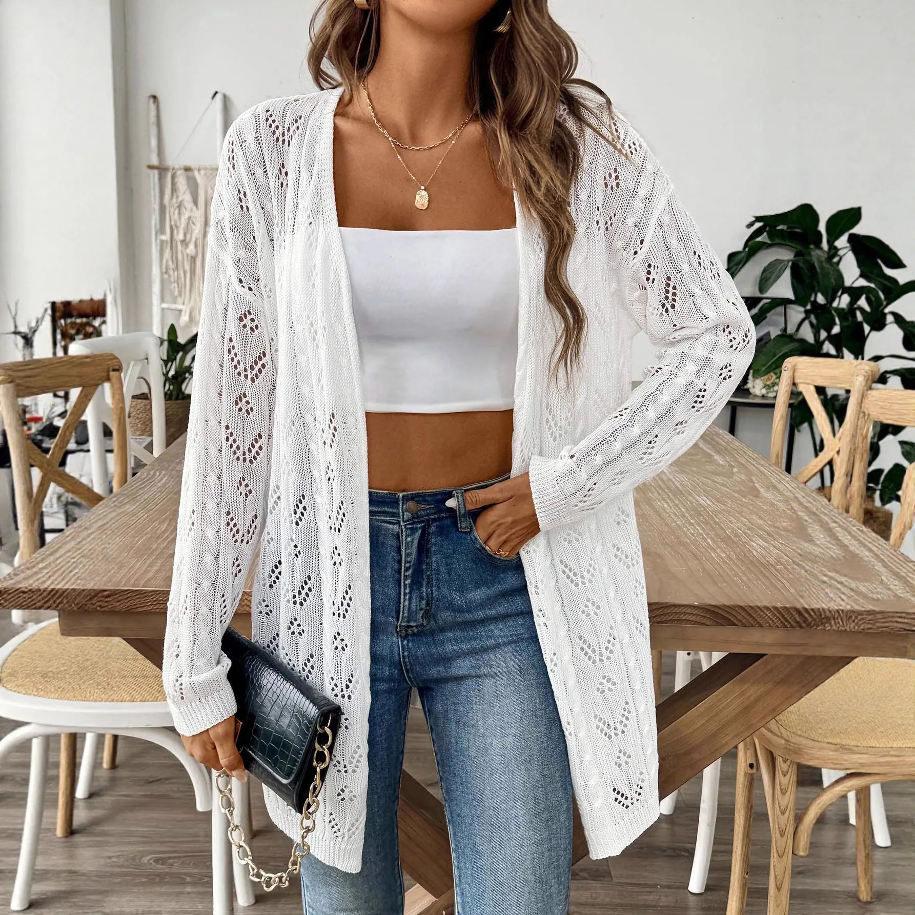 Women's Cardigan Hollow Spring and Autumn Buttonless Air Conditioning Shirt Knitted Sweater Casual Multi-color Versatile Jacket