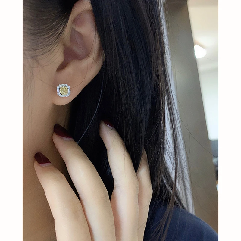 Aazuo 18K White Gold Real Yellow Diamonds 0.60ct Fairy Square Stud Earring Gifted For Women Wedding Party Chain Real Gold Au750