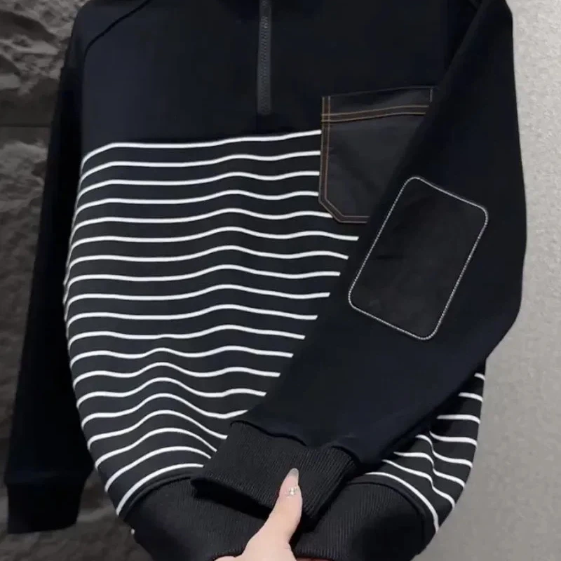 

Men's Plush Lined Patchwork Korean Stripe Hoodie Winter New Versatile Pullover Base Layer Stand Collar Half Zip Warm Top