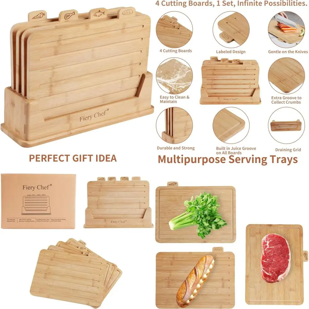 

Набор из 4 бамбуковых разделочных досок с держателем и пазом для сока — идеально подходит для измельчения мяса, рыбы, хлеба и многого другого