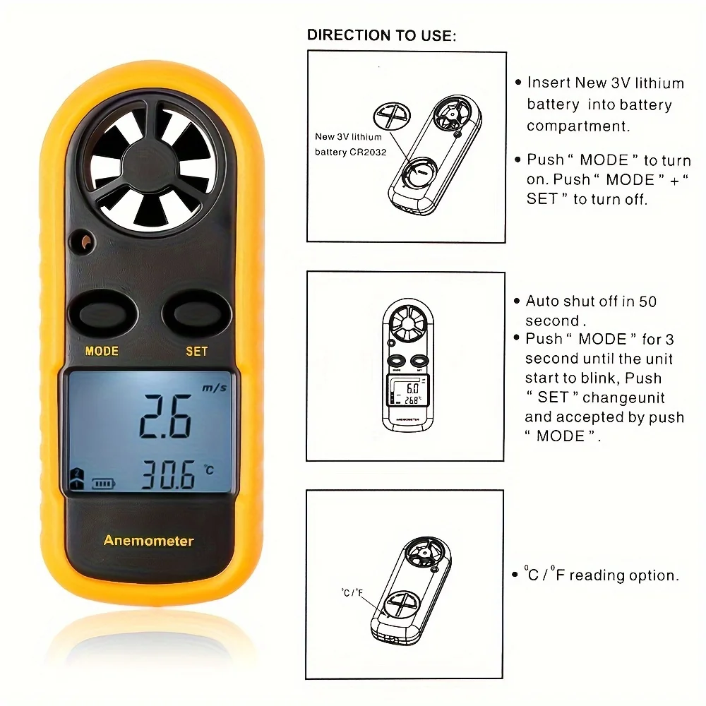 Digital Anemometer 0-30m/s Wind Speed Meter Mini Air Velocity Airflow -10°C ~ 45°C Temperature Tester with LCD Backlight Lanyard