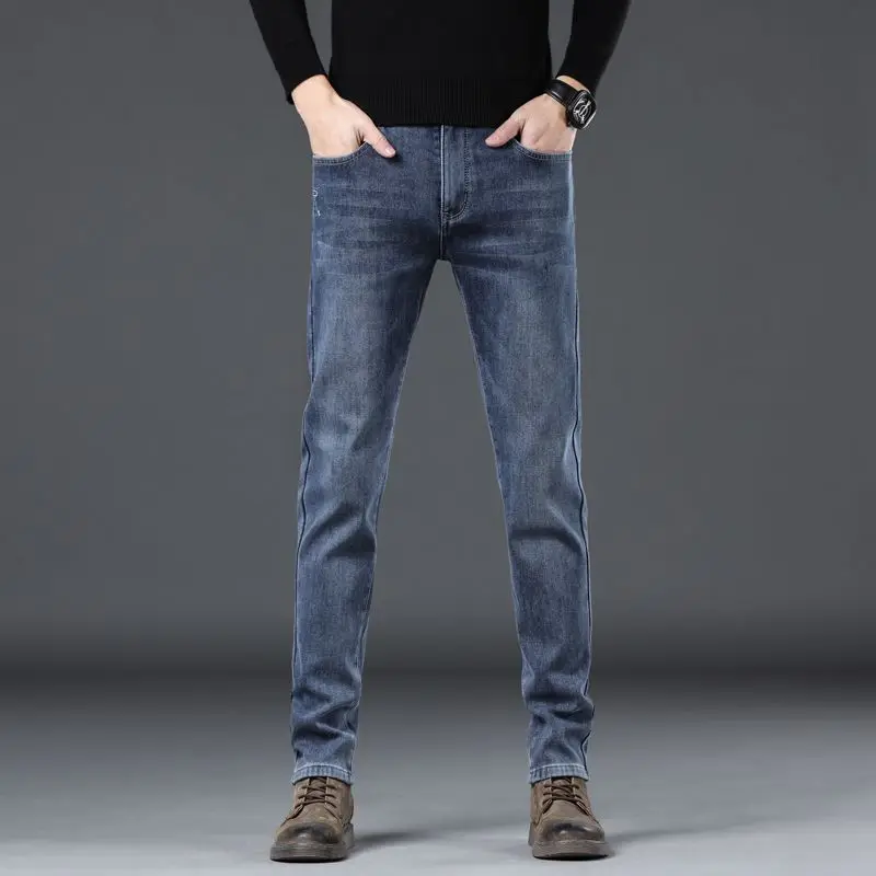 شتاء دافئ الرجال الجينز الصوف رشاقته سليم مطاطا مستقيم الدينيم السراويل الكورية موضة الشباب أفخم المخملية بناطيل كاجوال #4