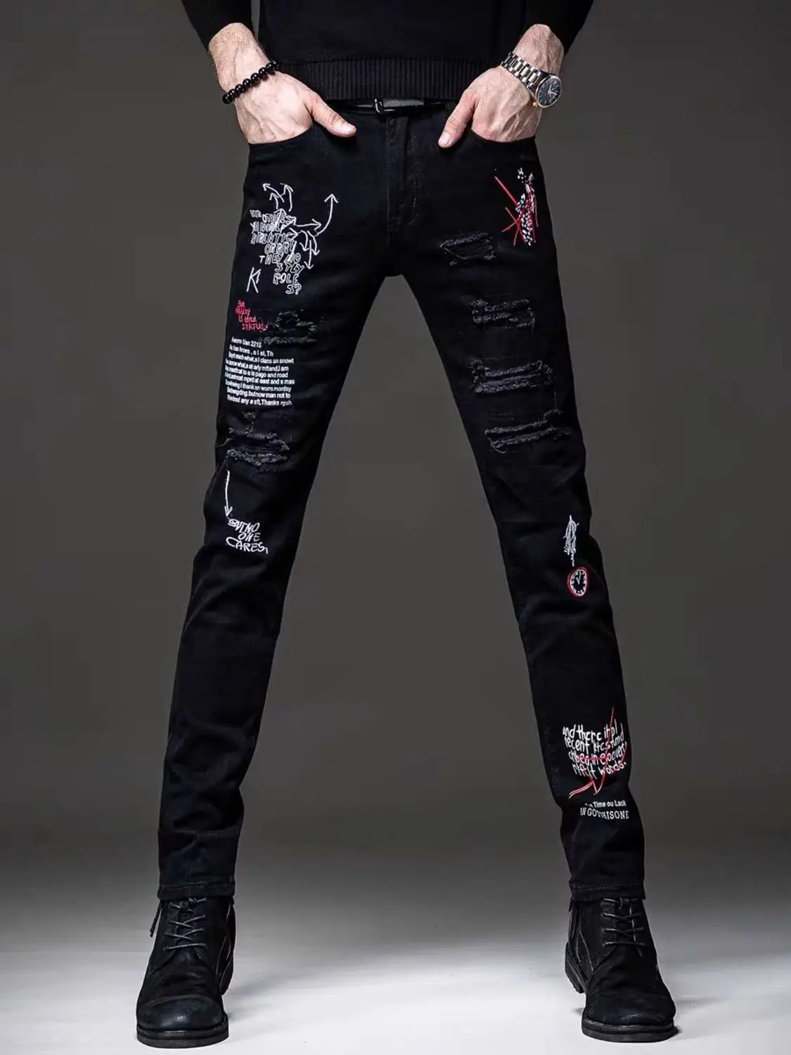 

High-End Men's Slim Fit Jeans Bla Ripped Casual Embroidered Elastic Youth Trendy Long Pants Spring Autumn Wear Comfortable