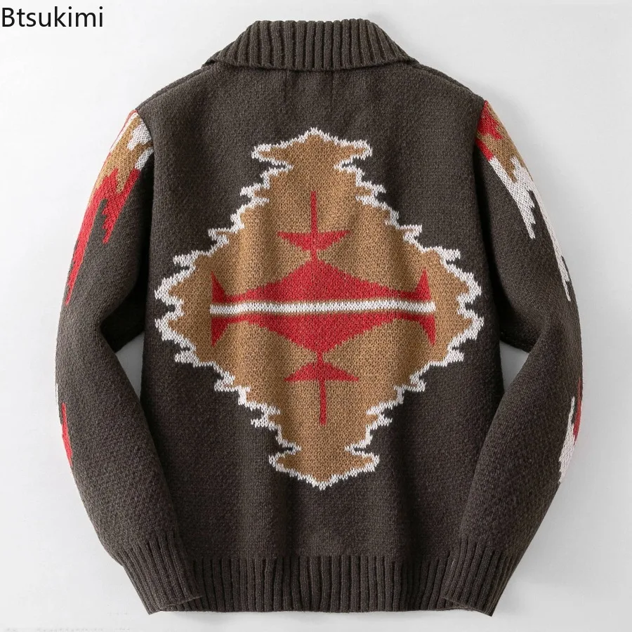 Vintage الجاكار الرجال طويلة الأكمام محبوك البلوزات جديد الخريف الشتاء التلبيب طوق سترة سترة رجل معاطف معطف شتاء غير رسمي #4