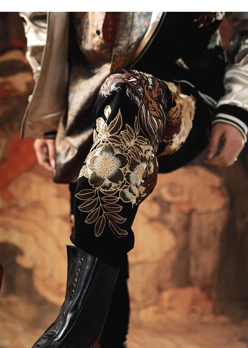 الفاوانيا النمر الرجال الفتيان حجم كبير العمل الثقيل التنين المطرزة السراويل كامل طول السراويل #3